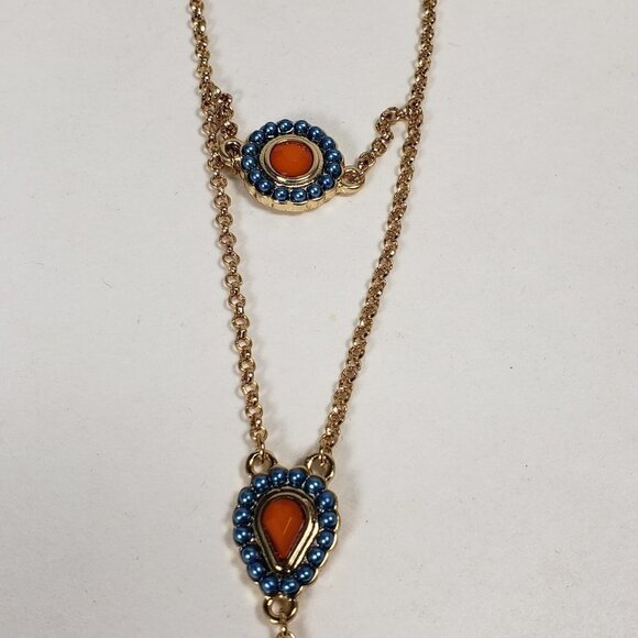 Women's Stylish Gold tone Hand Chain with 5 rings & Blue-Orange Stones - Picture 5 of 7
